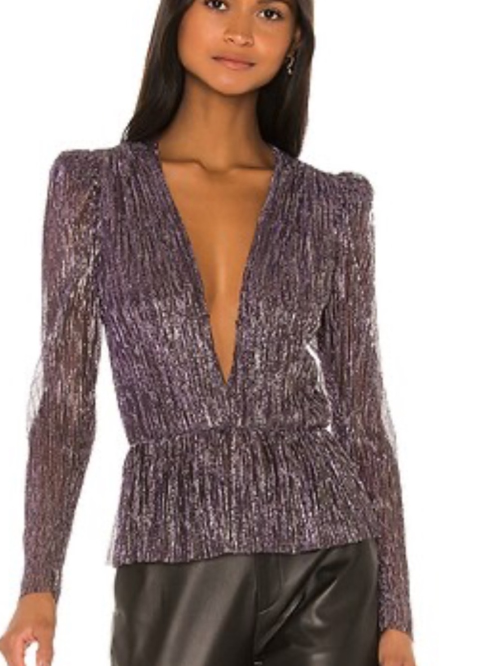Sabina Musayev Shimmery Plum Deep V Long Sleeve Top